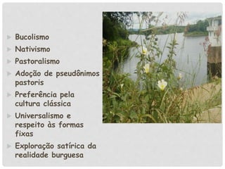  Bucolismo
 Nativismo
 Pastoralismo
 Adoção de pseudônimos
pastoris
 Preferência pela
cultura clássica
 Universalismo e
respeito às formas
fixas
 Exploração satírica da
realidade burguesa
 