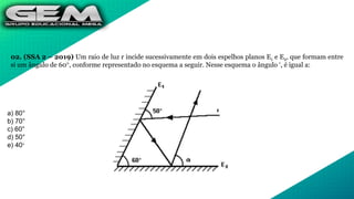 02. (SSA 2 – 2019) Um raio de luz r incide sucessivamente em dois espelhos planos E1 e E2‚ que formam entre
si um ângulo de 60°, conforme representado no esquema a seguir. Nesse esquema o ângulo ‘, é igual a:
a) 80°
b) 70°
c) 60°
d) 50°
e) 40°
 