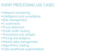 EVENT PROCESSING USE CASES
• Network monitoring
• Intelligence and surveillance
• Risk management
• E-commerce
• Fraud detection
• Smart order routing
• Transaction cost analysis
• Pricing and analytics
• Market data management
• Algorithmic trading
• Data warehouse augmentation
 