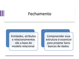 Fechamento
Entidades, atributos
e relacionamentos
são a base do
modelo relacional.
Compreender essa
estrutura é essencial
para projetar bons
bancos de dados.
 