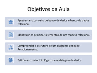 Objetivos da Aula
Apresentar o conceito de banco de dados e banco de dados
relacional.
Identificar os principais elementos de um modelo relacional.
Compreender a estrutura de um diagrama Entidade-
Relacionamento.
Estimular o raciocínio lógico na modelagem de dados.
 