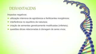DESVANTAGENS
Impactos negativos:
 utilização intensiva de agrotóxicos e fertilizantes inorgânicos;
 interferência no equilíbrio da natureza;
 criação de sementes geneticamente modificadas (inférteis);
 questões éticas relacionadas à clonagem de seres vivos;
 