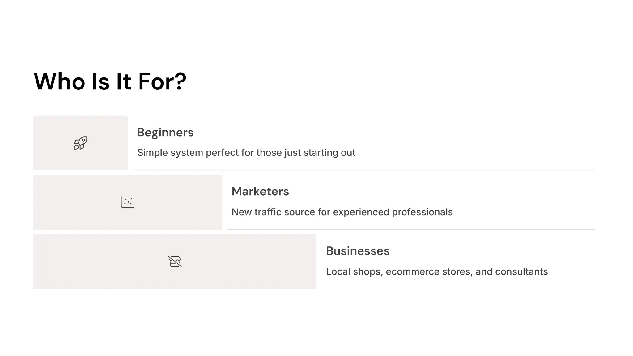 Who Is It For?
Beginners
Simple system perfect for those just starting out
Marketers
New traffic source for experienced professionals
Businesses
Local shops, ecommerce stores, and consultants
 