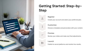 Getting Started: Step-by-
Step
Register
Create your account and select your preferred plan.
Customize
Choose a template and personalize with your content.
Preview
Review your slides and make any final adjustments.
Launch
Publish to secret platforms and monitor live results.
 