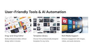 User-Friendly Tools & AI Automation
Drag-and-Drop Editor
Build professional slides without
design skills in minutes.
Template Library
Choose from professionally designed
templates for any niche.
Rich Media Support
Enhance engagement with images,
videos, and audio elements.
 