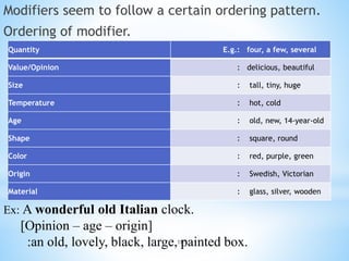10
Modifiers seem to follow a certain ordering pattern.
Ordering of modifier.
Quantity E.g.: four, a few, several
Value/Opinion : delicious, beautiful
Size : tall, tiny, huge
Temperature : hot, cold
Age : old, new, 14-year-old
Shape : square, round
Color : red, purple, green
Origin : Swedish, Victorian
Material : glass, silver, wooden
Ex: A wonderful old Italian clock.
[Opinion – age – origin]
:an old, lovely, black, large, painted box.
 