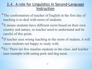 27
*The confrontation of teacher of English in the first day of
teaching is to deal with norm of students.
*It means students have different norm based on their own
country and nature, so teacher need to understand and be
careful of this point.
*If teacher uses wrong teaching to the norm of student, it will
cause students not happy to study with.
*Ex: There are few muslim students in the class, and teacher
uses example with eating pork and dog meat.
 
