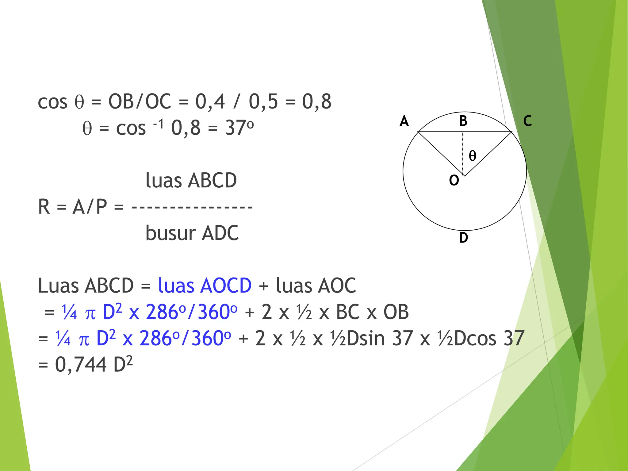 cos q = OB/OC = 0,4 / 0,5 = 0,8
q = cos -1 0,8 = 37o
luas ABCD
R = A/P = ----------------
busur ADC
Luas ABCD = luas AOCD + luas AOC
= ¼ p D2 x 286o/360o + 2 x ½ x BC x OB
= ¼ p D2 x 286o/360o + 2 x ½ x ½Dsin 37 x ½Dcos 37
= 0,744 D2
q
C
A B
O
D
 