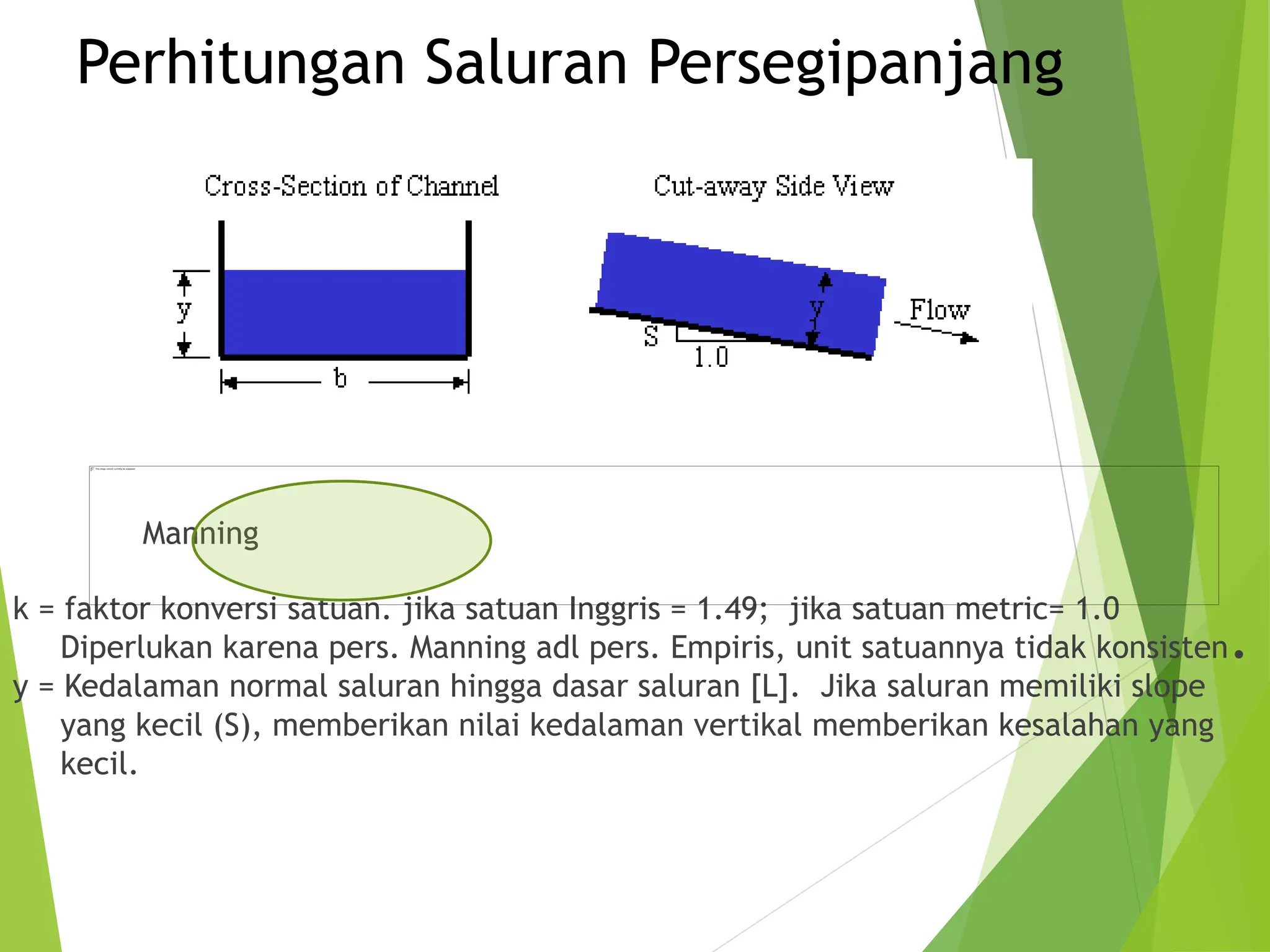 Perhitungan Saluran Persegipanjang
Manning
k = faktor konversi satuan. jika satuan Inggris = 1.49; jika satuan metric= 1.0
Diperlukan karena pers. Manning adl pers. Empiris, unit satuannya tidak konsisten.
y = Kedalaman normal saluran hingga dasar saluran [L]. Jika saluran memiliki slope
yang kecil (S), memberikan nilai kedalaman vertikal memberikan kesalahan yang
kecil.
 