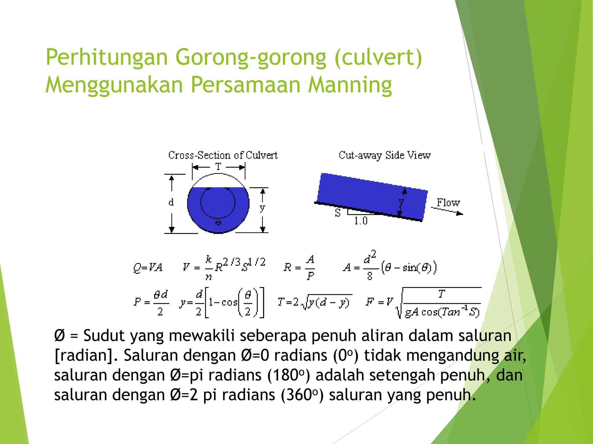 Perhitungan Gorong-gorong (culvert)
Menggunakan Persamaan Manning
Ø = Sudut yang mewakili seberapa penuh aliran dalam saluran
[radian]. Saluran dengan Ø=0 radians (0o) tidak mengandung air,
saluran dengan Ø=pi radians (180o) adalah setengah penuh, dan
saluran dengan Ø=2 pi radians (360o) saluran yang penuh.
 