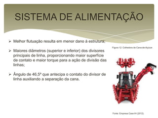  Melhor flutuação resulta em menor dano à estrutura;
 Maiores diâmetros (superior e inferior) dos divisores
principais de linha, proporcionando maior superfície
de contato e maior torque para a ação de divisão das
linhas;
 Ângulo de 46,5º que antecipa o contato do divisor de
linha auxiliando a separação da cana.
SISTEMA DE ALIMENTAÇÃO
Figura 12: Colhedora de Cana-de-Açúcar.
Fonte: Empresa Case IH (2012).
 