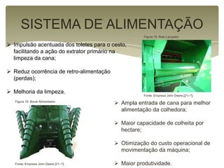  Impulsão acentuada dos toletes para o cesto,
facilitando a ação do extrator primário na
limpeza da cana;
 Reduz ocorrência de retro-alimentação
(perdas);
 Melhoria da limpeza.
SISTEMA DE ALIMENTAÇÃO
 Ampla entrada de cana para melhor
alimentação da colhedora;
 Maior capacidade de colheita por
hectare;
 Otimização do custo operacional de
movimentação da máquina;
 Maior produtividade.
Figura 15: Rolo Lançador.
Figura 16: Bocal Alimentador.
Fonte: Empresa John Deere [21--?].
Fonte: Empresa John Deere,[21--?].
 