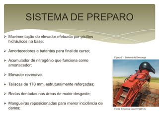 Movimentação do elevador efetuada por pistões
hidráulicos na base;
 Amortecedores e batentes para final de curso;
 Acumulador de nitrogênio que funciona como
amortecedor;
 Elevador reversível;
 Taliscas de 178 mm, estruturalmente reforçadas;
 Rodas dentadas nas áreas de maior desgaste;
 Mangueiras reposicionadas para menor incidência de
danos;
SISTEMA DE PREPARO
Figura 21: Sistema de Descarga.
Fonte: Empresa Case IH (2012).
 