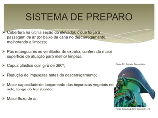  Cobertura na última seção do elevador, o que força a
passagem de ar por baixo da cana no descarregamento,
melhorando a limpeza;
 Pás retangulares no ventilador do extrator, conferindo maior
superfície de atuação para melhor limpeza;
 Capuz plástico com giro de 360º;
 Redução de impurezas antes do descarregamento;
 Maior capacidade de lançamento das impurezas vegetais no
solo, longe do transbordo;
 Maior fluxo de ar.
SISTEMA DE PREPARO
Figura 22: Extrator Secundário.
Fonte: Empresa John Deere [21--?].
 