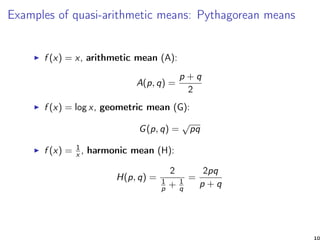 Examples of quasi-arithmetic means: Pythagorean means
f (x) = x, arithmetic mean (A):
A(p, q) =
p + q
2
f (x) = log x, geometric mean (G):
G(p, q) =
√
pq
f (x) = 1
x , harmonic mean (H):
H(p, q) =
2
1
p + 1
q
=
2pq
p + q
10
 