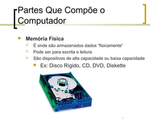Professor: Fabrício Viero de Araujo
Introdução à Informática
Partes Que Compõe o
Computador
 Memória Física
 É onde são armazenados dados “fisicamente”
 Pode ser para escrita e leitura
 São dispositivos de alta capacidade ou baixa capacidade
 Ex: Disco Rígido, CD, DVD, Diskette
 