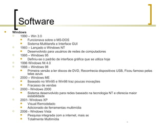 Professor: Fabrício Viero de Araujo
Introdução à Informática
Software
 Windows
 1990 – Win 3.0
 Funcionava sobre o MS-DOS
 Sistema Multitarefa e Interface GUI
 1993 – Lançado o Windows NT
 Desenvolvido para usuários de redes de computadores
 1995 – Windows 95
 Definiu-se o padrão de interface gráfica que se utiliza hoje
 1996 Windows Nt 4.0
 1998 – Windows 98
 Primeira versão a ler discos de DVD, Reconhecia dispositivos USB, Ficou famoso pelas
telas azuis
 2000 – Windows ME
 Baseado no WIn95 e Win98 traz poucas inovações
 Fracasso de vendas
 2000 - Windows 2000
 Sistema desenvolvido para redes baseado na tecnologia NT e oferecia maior
estabilidade
 2001- Windows XP
 Visual Remodelado
 Adicionado de ferramentas multimídia
 2006 - Windows Vista
 Pesquisa integrada com a internet, mais segurança e o Internet Explorer 7.0
 Totalmente Multimídia
 