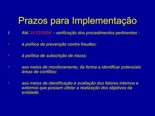 Prazos para Implementação Até  31/12/2004   - verificação dos procedimentos pertinentes : à política de prevenção contra fraudes; à política de subscrição de riscos; aos meios de monitoramento, de forma a identificar potenciais áreas de conflitos; aos meios de identificação e avaliação dos fatores internos e externos que possam afetar a realização dos objetivos da entidade. entidade   