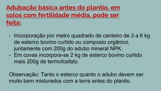 Adubação básica antes do plantio, em
solos com fertilidade média, pode ser
feita:
- Incorporação por metro quadrado de canteiro de 3 a 6 kg
de esterco bovino curtido ou composto orgânico,
juntamente com 200g do adubo mineral NPK.
- Em covas incorpora-se 2 kg de esterco bovino curtido
mais 200g de termofosfato.
Observação: Tanto o esterco quanto o adubo devem ser
muito bem misturados com a terra antes do plantio.
 