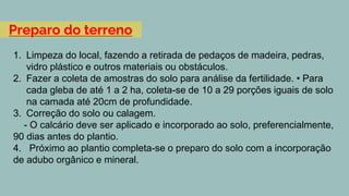 Preparo do terreno
1. Limpeza do local, fazendo a retirada de pedaços de madeira, pedras,
vidro plástico e outros materiais ou obstáculos.
2. Fazer a coleta de amostras do solo para análise da fertilidade. • Para
cada gleba de até 1 a 2 ha, coleta-se de 10 a 29 porções iguais de solo
na camada até 20cm de profundidade.
3. Correção do solo ou calagem.
- O calcário deve ser aplicado e incorporado ao solo, preferencialmente,
90 dias antes do plantio.
4. Próximo ao plantio completa-se o preparo do solo com a incorporação
de adubo orgânico e mineral.
 