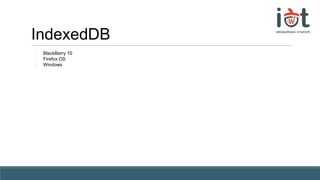 IndexedDB
- BlackBerry 10
- Firefox OS
- Windows
 