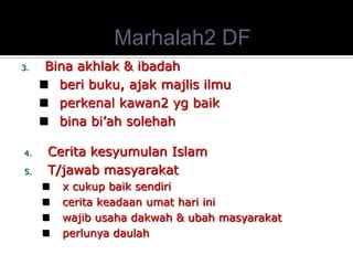 Marhalah2 DF 
3.Bina akhlak & ibadah 
beri buku, ajak majlis ilmu 
perkenal kawan2 yg baik 
bina bi’ah solehah 
4.Cerita kesyumulan Islam 
5.T/jawab masyarakat 
x cukup baik sendiri 
cerita keadaan umat hari ini 
wajib usaha dakwah & ubah masyarakat 
perlunya daulah  