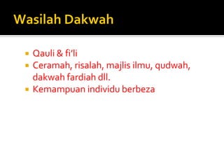Qauli & fi’li 
Ceramah, risalah, majlis ilmu, qudwah, dakwah fardiah dll. 
Kemampuan individu berbeza  