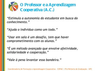 Coordenadoria de Formação e Aprendizagem Cooperativa – COFAC | Pró-Reitoria de Graduação - UFC O Professor e a Aprendizagem Cooperativa (A.C.) “ Estimula a autonomia do estudante em busca do conhecimento.” “ Ajuda o indivíduo como um todo.” “ Usar em sala é um desafio, tem que haver comprometimento com os alunos.” “ É um método avançado que envolve afetividade, solidariedade e cooperação.” “ Vale à pena levantar essa bandeira.” 