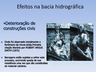 Efeitos na bacia hidrográfica

    •Deterioração de
    construções civis


   Onde foi observado inicialmente o
    fenômeno da chuva ácida.Primeira
    citação literária por ROBERT ARGUS
    SMITH (1872)

   Barragens estão sujeitas a sofrer este
    processo, ocorrendo queda de sua
    resistência uma vez que são constituídas   Efeito da chuva ácida numa estátua. Fotografias tiradas   nos anos 1908 e

    de material calcáreo.
                                               1969.
 