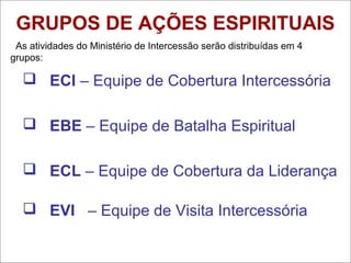 GRUPOS DE AÇÕES ESPIRITUAIS
 ECI – Equipe de Cobertura Intercessória
 EBE – Equipe de Batalha Espiritual
 ECL – Equipe de Cobertura da Liderança
 EVI – Equipe de Visita Intercessória
As atividades do Ministério de Intercessão serão distribuídas em 4
grupos:
 