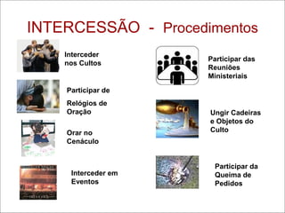 INTERCESSÃO - Procedimentos
Interceder
nos Cultos
Participar de
Relógios de
Oração
Orar no
Cenáculo
Interceder em
Eventos
Participar das
Reuniões
Ministeriais
Ungir Cadeiras
e Objetos do
Culto
Participar da
Queima de
Pedidos
 