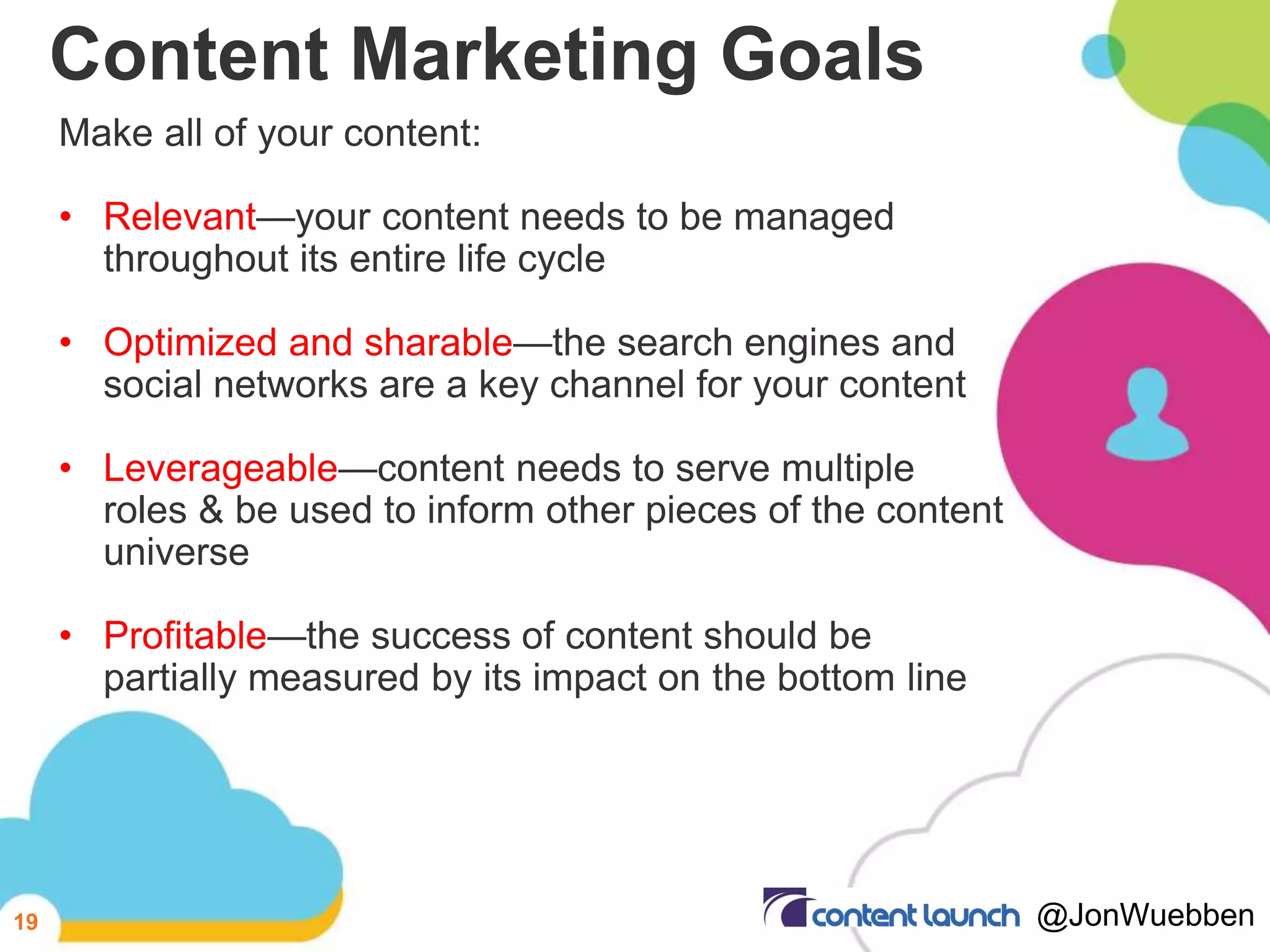 Content Marketing Goals
Make all of your content:
• Relevant—your content needs to be managed
throughout its entire life cycle
• Optimized and sharable—the search engines and
social networks are a key channel for your content
• Leverageable—content needs to serve multiple
roles & be used to inform other pieces of the content
universe
• Profitable—the success of content should be
partially measured by its impact on the bottom line
19 @JonWuebben
 
