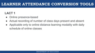 LEARNER ATTENDANCE CONVERSION TOOLS
DEPARTMENT OF EDUCATION
LACT 1
● Online presence-based
● Actual recording of number of class days present and absent
● Applicable only to online distance learning modality with daily
schedule of online classes
 