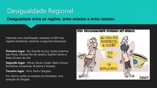 Desigualdade Regional
Desigualdade entre as regiões, entre estados e entre cidades.
Fazendo uma classificação, baseada no IDH das
regiões brasileiras, teremos a seguinte hierarquia:
Primeiro lugar: Rio Grande do Sul, Santa Catarina,
São Paulo, Paraná, Rio de Janeiro, Espírito Santo e
Mato Grosso do Sul;
Segundo lugar: Minas Gerais, Goiás, Mato Grosso,
Rondônia, Amazonas, Roraima e Amapá;
Terceiro lugar: Acre, Pará e Sergipe.
Por último, estão os estados do Nordeste, com
exceção de Sergipe.
 