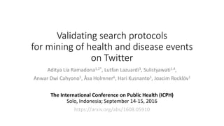 Validating search protocols
for mining of health and disease events
on Twitter
Aditya Lia Ramadona1,2*, Lutfan Lazuardi3, Sulistyawati1,4,
Anwar Dwi Cahyono5, Åsa Holmner6, Hari Kusnanto3, Joacim Rocklöv1
The International Conference on Public Health (ICPH)
Solo, Indonesia; September 14-15, 2016
https://arxiv.org/abs/1608.05910
 