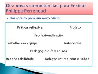  Um roteiro para um novo ofício
Prática reflexiva Projeto
Profissionalização
Trabalho em equipe Autonomia
Pedagogia diferenciada
Responsabilidade Relação íntima com o saber
 