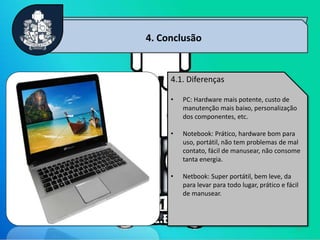 9
4. Conclusão
4.1. Diferenças
• PC: Hardware mais potente, custo de
manutenção mais baixo, personalização
dos componentes, etc.
• Notebook: Prático, hardware bom para
uso, portátil, não tem problemas de mal
contato, fácil de manusear, não consome
tanta energia.
• Netbook: Super portátil, bem leve, da
para levar para todo lugar, prático e fácil
de manusear.
 