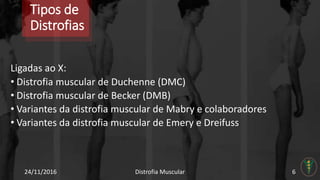Tipos de
Distrofias
Ligadas ao X:
• Distrofia muscular de Duchenne (DMC)
• Distrofia muscular de Becker (DMB)
• Variantes da distrofia muscular de Mabry e colaboradores
• Variantes da distrofia muscular de Emery e Dreifuss
24/11/2016 Distrofia Muscular 6
 