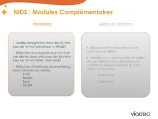 NIDS : Modules Complémentaires
              Monitoring                            Règles de détection



 Alertes enregistrées dans des fichiers
sous un format spécifique (unified2)         Attaques détectées grâce à des
 Utilisation d’un logiciel pour archiver   schémas pré-définis
ces alertes dans une base de données         Utilisation d’un gestionnaire de règles
sous un format lisible : Barnyard2          afin de mettre à jour, désactiver ou
 Utilisation d’interfaces de monitoring    modifier les règles existantes et d’en
pour visionner ces alertes                  créer de nouvelles
    • BASE                                       • Oinkmaster
    • Snorby
    • Sguil                                      • Pulledpork
    • Squert
 