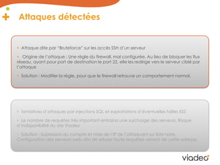 Attaques détectées


 Attaque dite par “Bruteforce” sur les accès SSH d’un serveur

 Origine de l’attaque : Une règle du firewall, mal configurée. Au lieu de bloquer les flux
réseau, ayant pour port de destination le port 22, elle les redirige vers le serveur ciblé par
l’attaque

 Solution : Modifier la règle, pour que le firewall retrouve un comportement normal.




 Tentatives d’attaques par injections SQL et exploitations d’éventuelles failles XSS

 Le nombre de requêtes très important entraina une surcharge des serveurs. Risque
d’indisponibilité du site Viadeo

 Solution : Supression du compte et mise de l’IP de l’attaquant sur liste noire.
Configuration des serveurs web afin de refuser toute requêtes venant de cette adresse.
 