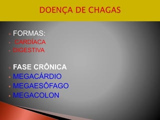  FORMAS:
 CARDÍACA
 DIGESTIVA
 FASE CRÔNICA
 MEGACÁRDIO
 MEGAESÔFAGO
 MEGACOLON
 