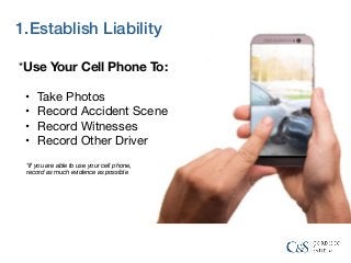 1.Establish Liability
*Use Your Cell Phone To:

• Take Photos

• Record Accident Scene

• Record Witnesses

• Record Other...