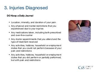 3. Injuries Diagnosed
DO Keep a Daily Journal
• Location, intensity, and duration of your pain

• Any physical and mental ...