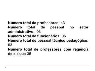 Número total de professores: 43
Número total de pessoal no setor
administrativo: 03
Número total de funcionários: 06
Número total de pessoal técnico pedagógico:
03
Número total de professores com regência
de classe: 36
 