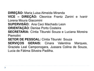 DIREÇÃO: Maria Luisa Almeida Miranda
VICE – DIREÇÃO: Cleonice Frantz Zanini e Ivanir
Lorena Moura Giacomini
SUPERVISÃO: Ana Ceci Machado Leon
ORIENTAÇÃO: Denise Porto Costeira
SECRETARIA: Cíntia Tiburski Souza e Luciana Moreira
Piemolini
SETOR DE PESSOAL: Cíntia Tiburski Souza
SERVIÇOS GERAIS: Cinara Valentina Marques,
Graziela Leal Camponogara, Jussara Colina de Souza,
Lucia de Fátima Silveira Padilha.
 