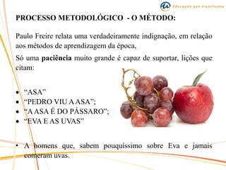 PROCESSO METODOLÓGICO - O MÉTODO:
Paulo Freire relata uma verdadeiramente indignação, em relação
aos métodos de aprendizagem da época,
Só uma paciência muito grande é capaz de suportar, lições que
citam:
 “ASA”
 “PEDRO VIU AASA”;
 “AASA É DO PÁSSARO”;
 “EVA E AS UVAS”
• A homens que, sabem pouquíssimo sobre Eva e jamais
comeram uvas.
 