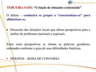 TERCEIRA FASE: “Criação de situações existenciais”
O debate – conduzirá os grupos a “conscientizar-se” para
alfabetizar-se.
 Discussão das situações locais que abrem perspectivas para a
análise de problemas nacionais e regionais.
Entre estas perspectivas se situam as palavras geradoras,
ordenadas conforme o grau de suas dificuldades fonéticas.
• DEBATES – RODA DE CONVERSA
 