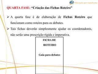 QUARTA FASE: “Criação das Fichas Roteiro”
 A quarta fase é de elaboração de Fichas Roteiro que
funcionam como roteiro para os debates.
 Tais fichas deverão simplesmente ajudar os coordenadores,
não serão uma prescrição rígida e imperativa.
FICHA DE
ROTEIRO
Guia para debates
 