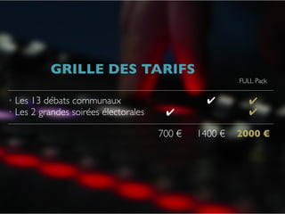 • Les 13 débats communaux
• Les 2 grandes soirées électorales
700 €
✔
✔✔
1400 € 2000 €
✔
FULL Pack
GRILLE DES TARIFS
 