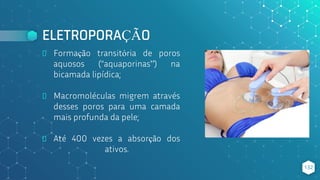 ELETROPORAÇÃO
⬥ Formação transitória de poros
aquosos (“aquaporinas”) na
bicamada lipídica;
⬥ Macromoléculas migrem através
desses poros para uma camada
mais profunda da pele;
⬥ Até 400 vezes a absorção dos
ativos.
132
 